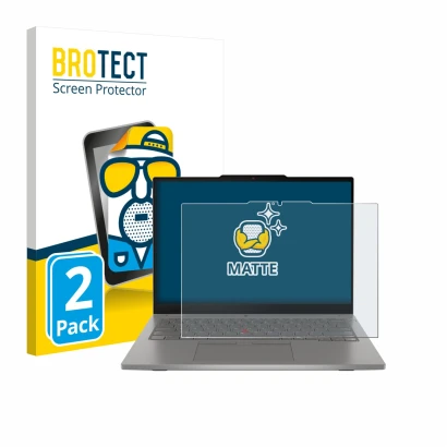 Face avant d’un emballage produit avec le logo de la marque BROTECT. À côté, l’appareil Lenovo ThinkPad L13 2-in-1 Gen 6 est r