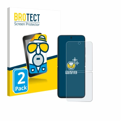 Face avant d’un emballage produit avec le logo de la marque BROTECT. À côté, l’appareil Xiaomi MIX Flip est représenté avec la