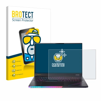 Face avant d’un emballage produit avec le logo de la marque BROTECT. À côté, l’appareil Acer Predator Helios 18 AI PH18-73 est