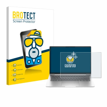 Face avant d’un emballage produit avec le logo de la marque BROTECT. À côté, l’appareil HP EliteBook 655 G11 est représenté av