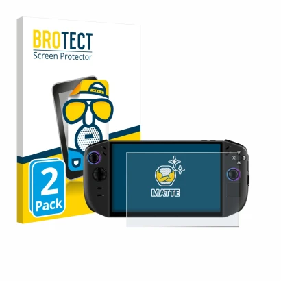 Face avant d’un emballage produit avec le logo de la marque BROTECT. À côté, l’appareil Lenovo Legion Go Gen 2 est représenté 