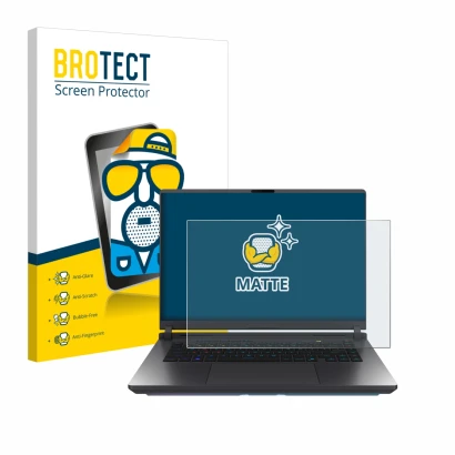 Face avant d’un emballage produit avec le logo de la marque BROTECT. À côté, l’appareil ASUS ROG Strix G16 2025 est représenté