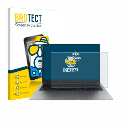 Face avant d’un emballage produit avec le logo de la marque BROTECT. À côté, l’appareil Honor MagicBook X16 Plus 2025 est repr