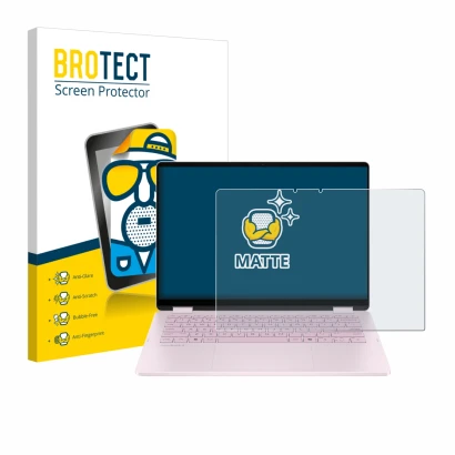 Face avant d’un emballage produit avec le logo de la marque BROTECT. À côté, l’appareil HP OmniBook 5 Flip 14 14-fp0153ng est