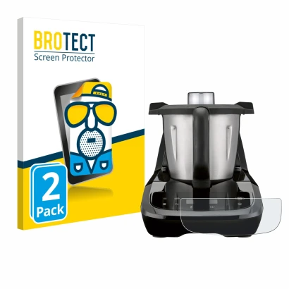 Face avant d’un emballage produit avec le logo de la marque BROTECT. À côté, l’appareil SilverCrest Monsieur Cuisine compact e