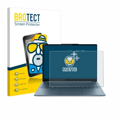 Face avant d’un emballage produit avec le logo de la marque BROTECT. À côté, l’appareil Lenovo Yoga Slim 7 Gen 10 14" Touch es