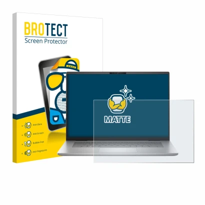 Face avant d’un emballage produit avec le logo de la marque BROTECT. À côté, l’appareil Dell Inspiron 16 Plus 7630 est représe