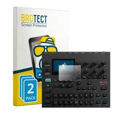 Face avant d’un emballage produit avec le logo de la marque BROTECT. À côté, l’appareil Elektron Digitone II est représenté av