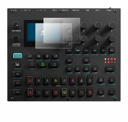 Image de l'appareil Elektron Digitone II avec une grande variété de protections d'écran.