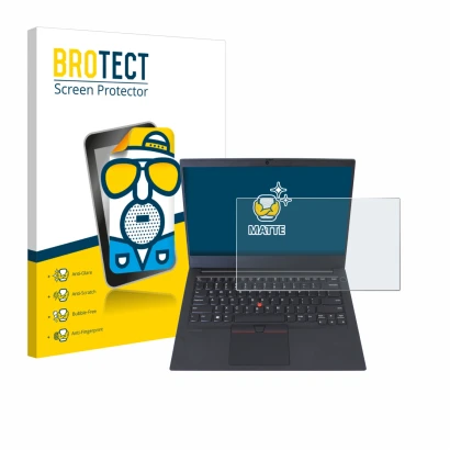 Face avant d’un emballage produit avec le logo de la marque BROTECT. À côté, l’appareil Lenovo ThinkPad E14 Gen 1 est représen