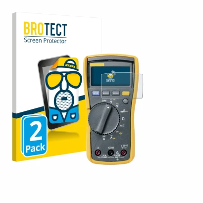 Face avant d’un emballage produit avec le logo de la marque BROTECT. À côté, l’appareil Fluke MultiMeter 113 est représenté av