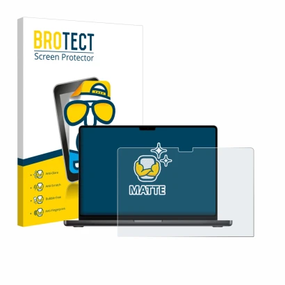 Face avant d’un emballage produit avec le logo de la marque BROTECT. À côté, l’appareil Apple MacBook Pro 16" M5 2026 est repr