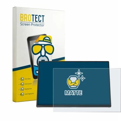 Face avant d’un emballage produit avec le logo de la marque BROTECT. À côté, l’appareil ASUS ZenScreen OLED MQ16FC est représe