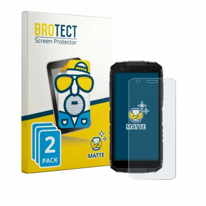 Face avant d’un emballage produit avec le logo de la marque BROTECT. À côté, l’appareil Doogee Fire 3 est représenté avec la p