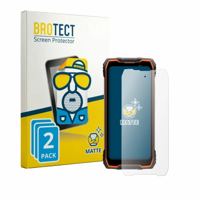Face avant d’un emballage produit avec le logo de la marque BROTECT. À côté, l’appareil Blackview Rock 2 est représenté avec l