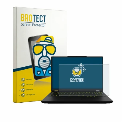 Face avant d’un emballage produit avec le logo de la marque BROTECT. À côté, l’appareil XMG Neo 16 est représenté avec la prot