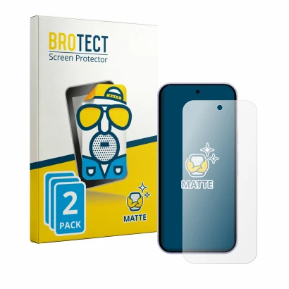 Face avant d’un emballage produit avec le logo de la marque BROTECT. À côté, l’appareil Google Pixel 11 est représenté avec la