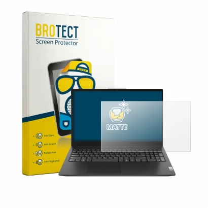 Face avant d’un emballage produit avec le logo de la marque BROTECT. À côté, l’appareil Lenovo V15 Gen 6 est représenté avec l