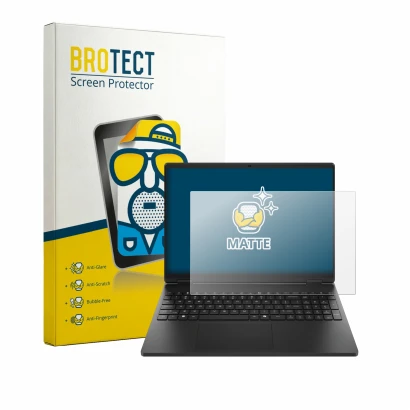 Face avant d’un emballage produit avec le logo de la marque BROTECT. À côté, l’appareil HP HyperX OMEN 15 est représenté avec