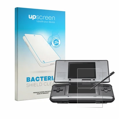 Face avant d’un emballage produit avec le logo de la marque upscreen. À côté, l’appareil Nintendo DS est représenté avec la pr