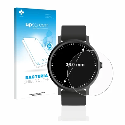 Face avant d’un emballage produit avec le logo de la marque upscreen. À côté, l’appareil Montres (Circulaire, ø: 36 mm) est re