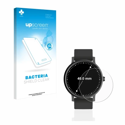 Face avant d’un emballage produit avec le logo de la marque upscreen. À côté, l’appareil Montres (Circulaire, ø: 40 mm) est re