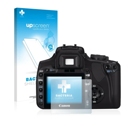 Face avant d’un emballage produit avec le logo de la marque upscreen. À côté, l’appareil Canon EOS 400D est représenté avec la