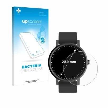 Face avant d’un emballage produit avec le logo de la marque upscreen. À côté, l’appareil Montres (Circulaire, ø: 29 mm) est re
