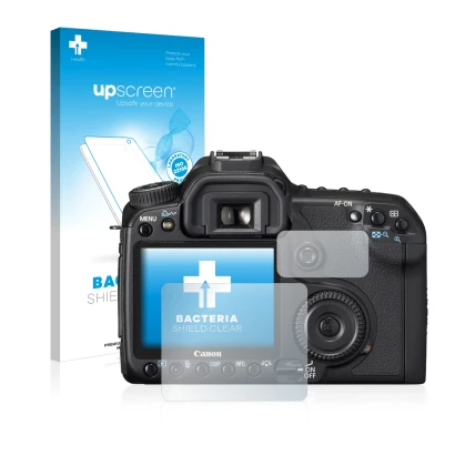 Face avant d’un emballage produit avec le logo de la marque upscreen. À côté, l’appareil Canon EOS 40D est représenté avec la 
