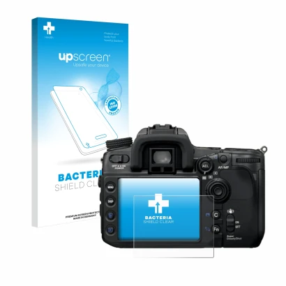Face avant d’un emballage produit avec le logo de la marque upscreen. À côté, l’appareil Sony Alpha 700 (DSLR-A700) est représ