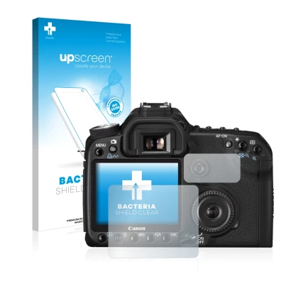 Face avant d’un emballage produit avec le logo de la marque upscreen. À côté, l’appareil Canon EOS 50D est représenté avec la