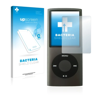 Face avant d’un emballage produit avec le logo de la marque upscreen. À côté, l’appareil Apple iPod nano (4ème Gen.) est repré