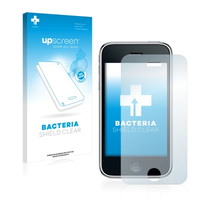 Face avant d’un emballage produit avec le logo de la marque upscreen. À côté, l’appareil Apple iPhone 3GS est représenté avec 