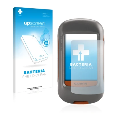 Face avant d’un emballage produit avec le logo de la marque upscreen. À côté, l’appareil Garmin Dakota 20 est représenté avec 