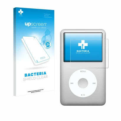 Face avant d’un emballage produit avec le logo de la marque upscreen. À côté, l’appareil Apple iPod classic 160 GB (7ème Gen.)
