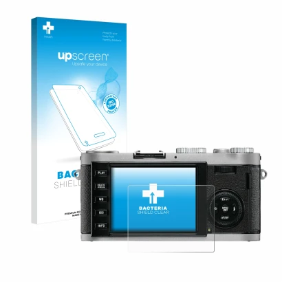 Face avant d’un emballage produit avec le logo de la marque upscreen. À côté, l’appareil Leica X1 est représenté avec la prote