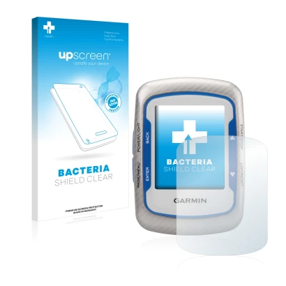 Face avant d’un emballage produit avec le logo de la marque upscreen. À côté, l’appareil Garmin Edge 500 est représenté avec l