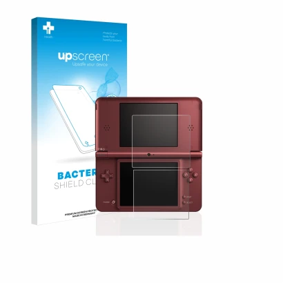 Face avant d’un emballage produit avec le logo de la marque upscreen. À côté, l’appareil Nintendo DSi XL est représenté avec l