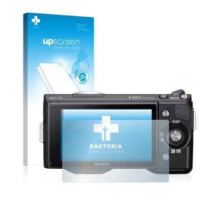 Face avant d’un emballage produit avec le logo de la marque upscreen. À côté, l’appareil Sony Alpha NEX-5 est représenté avec
