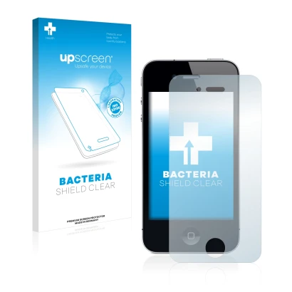 Face avant d’un emballage produit avec le logo de la marque upscreen. À côté, l’appareil Apple iPhone 4 est représenté avec la