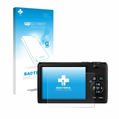 Face avant d’un emballage produit avec le logo de la marque upscreen. À côté, l’appareil Canon PowerShot S95 est représenté av