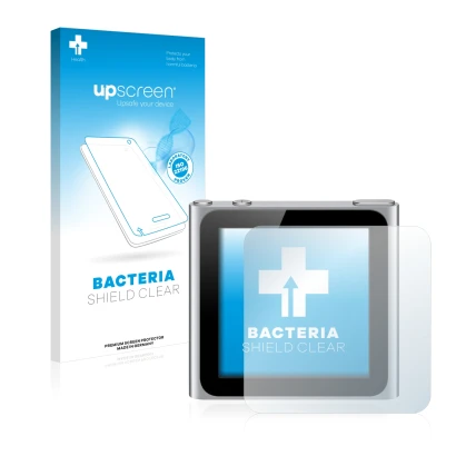 Face avant d’un emballage produit avec le logo de la marque upscreen. À côté, l’appareil Apple iPod nano 2010 (6. Gen.) est re