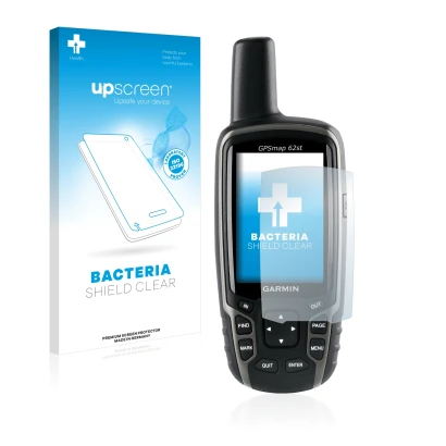 Face avant d’un emballage produit avec le logo de la marque upscreen. À côté, l’appareil Garmin GPSMAP 62st est représenté ave