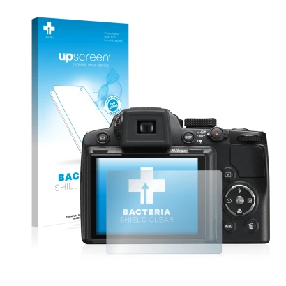 Face avant d’un emballage produit avec le logo de la marque upscreen. À côté, l’appareil Nikon Coolpix P500 est représenté ave