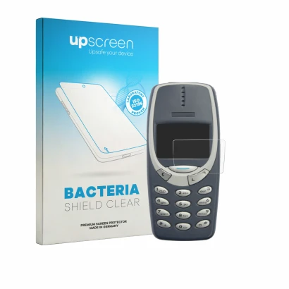 Face avant d’un emballage produit avec le logo de la marque upscreen. À côté, l’appareil Nokia 3310 2011 est représenté avec l