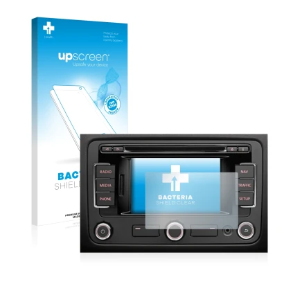 Face avant d’un emballage produit avec le logo de la marque upscreen. À côté, l’appareil Volkswagen Passat B7 2010-2015 RNS 31