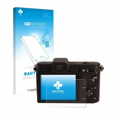 Face avant d’un emballage produit avec le logo de la marque upscreen. À côté, l’appareil Nikon 1 V1 est représenté avec la pro
