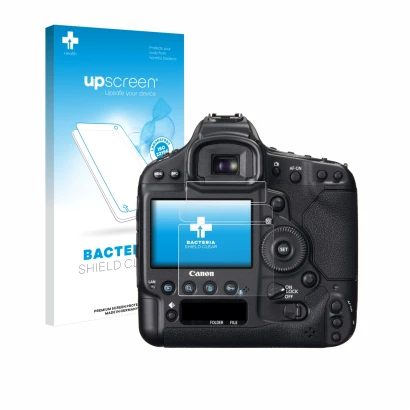 Face avant d’un emballage produit avec le logo de la marque upscreen. À côté, l’appareil Canon EOS 1D X est représenté avec la