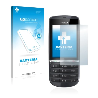 Face avant d’un emballage produit avec le logo de la marque upscreen. À côté, l’appareil Nokia Asha 300 est représenté avec la