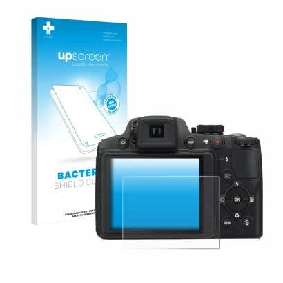Face avant d’un emballage produit avec le logo de la marque upscreen. À côté, l’appareil Nikon Coolpix P510 est représenté ave